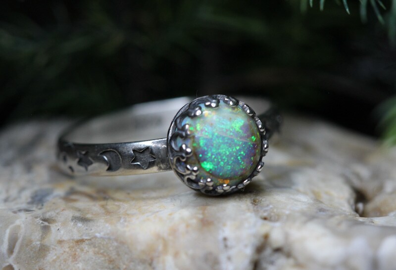 Opal Ring * Solid Sterling Silver Ring* Moon and Stars Pattern Band * 8mm Full Moon * 14x10mm* Monarch Opal *  Any Size